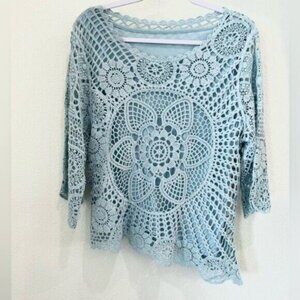 Vintage Crochet Boho Feminine Top Bell Sleeve Western Festival Blue